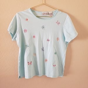 Basic Editions Butterfly & Flower T-Shirt Size L